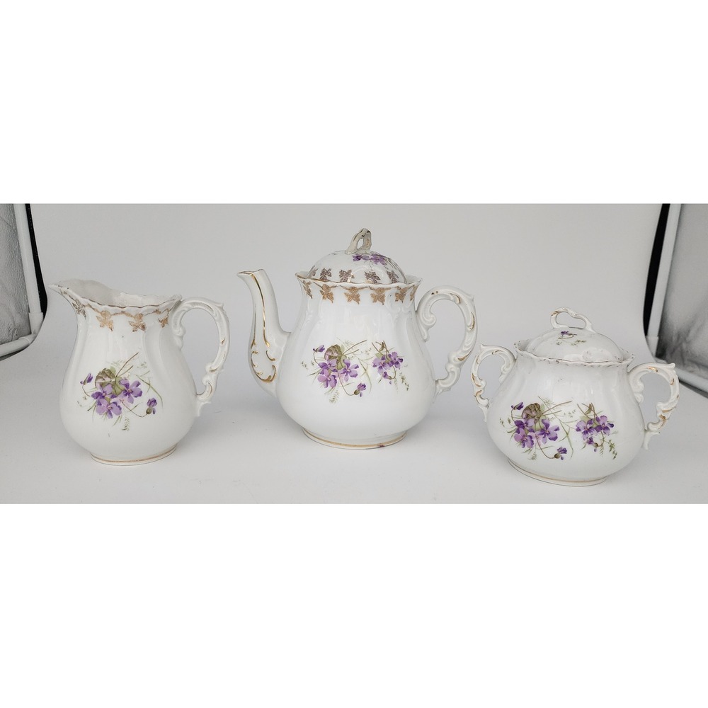 Vtg KPM Germany Porcelain Tea Set White Violets Gold 3pc Floral PLEASE READ